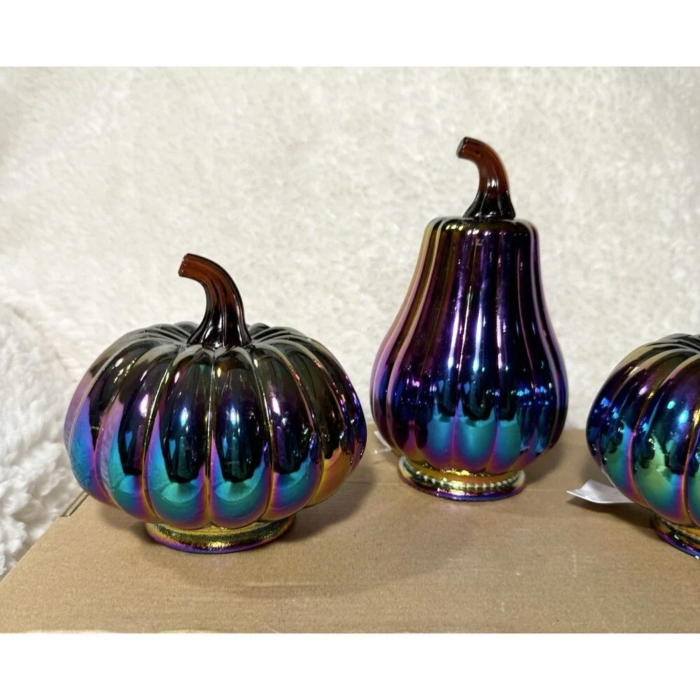 Set of 3 Dark Iridescent Glass Pumpkins Target Halloween - NEW